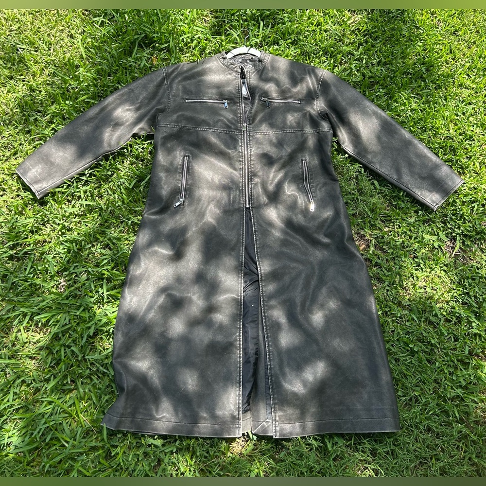 PLT Black Distressed PU Biker Trench Coat
